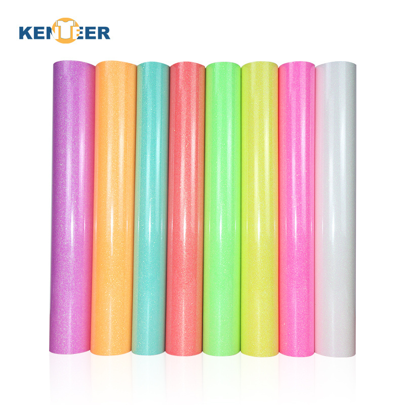 Kenteer Supplier designs htv logo Luminous Glow in the dark Glitter Heat Transfer Vinyl sheets rolls pu Film for Clothing