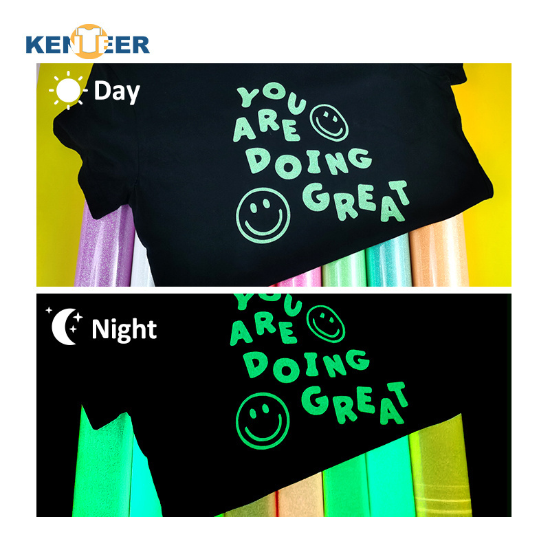 Kenteer Supplier designs htv logo Luminous Glow in the dark Glitter Heat Transfer Vinyl sheets rolls pu Film for Clothing