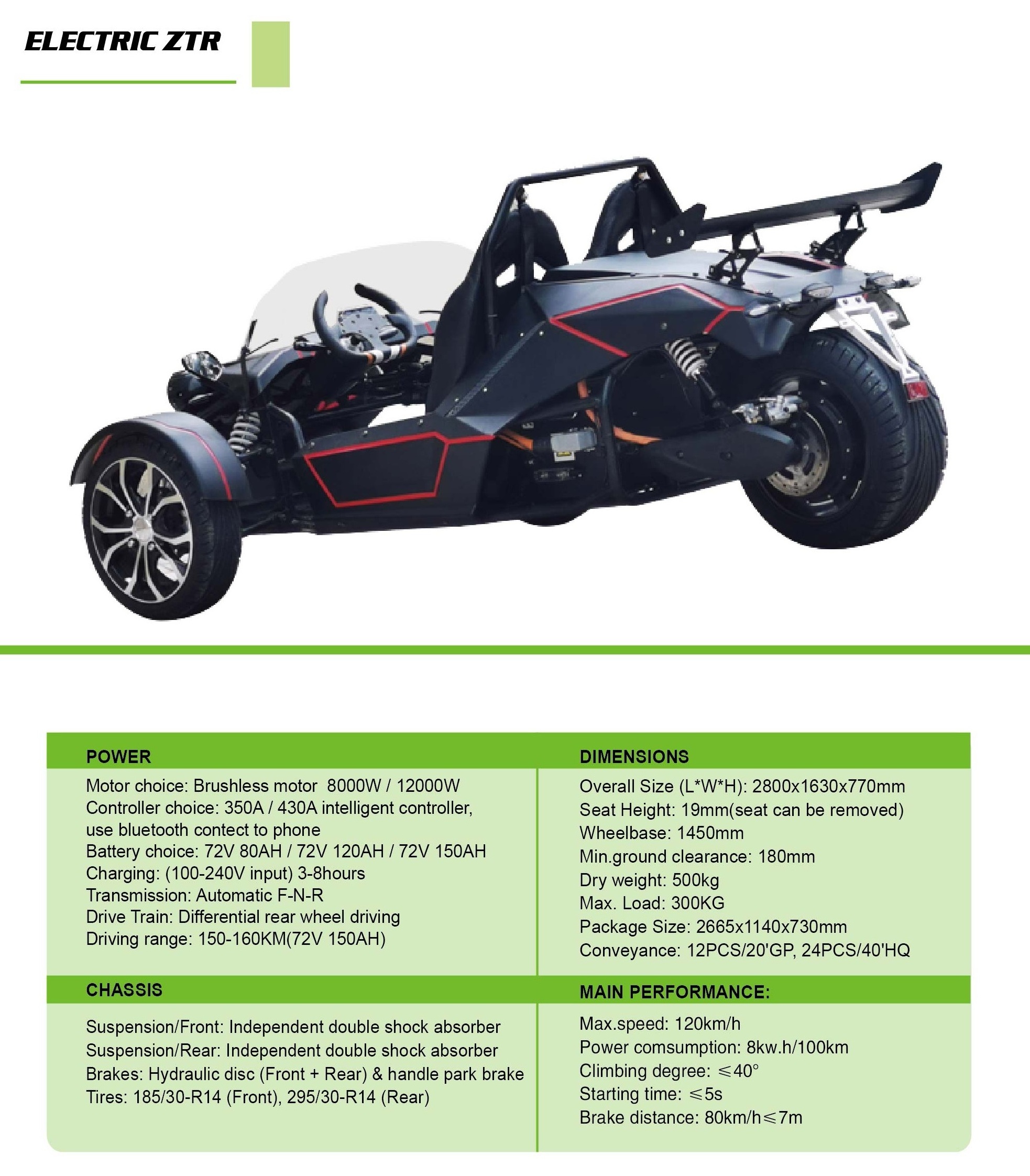 72V 80AH 120AH 150AH 3-wheel ZTR New Design Bikes Electric Club Classic Street Legal Quads Golf Cart Car