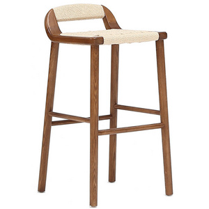 Modern Solid Wood High Bar Stool For Kitchen Counter Vintage Woven Height Lounge Chair Nordic Luxury Breakfast Wooden Chair