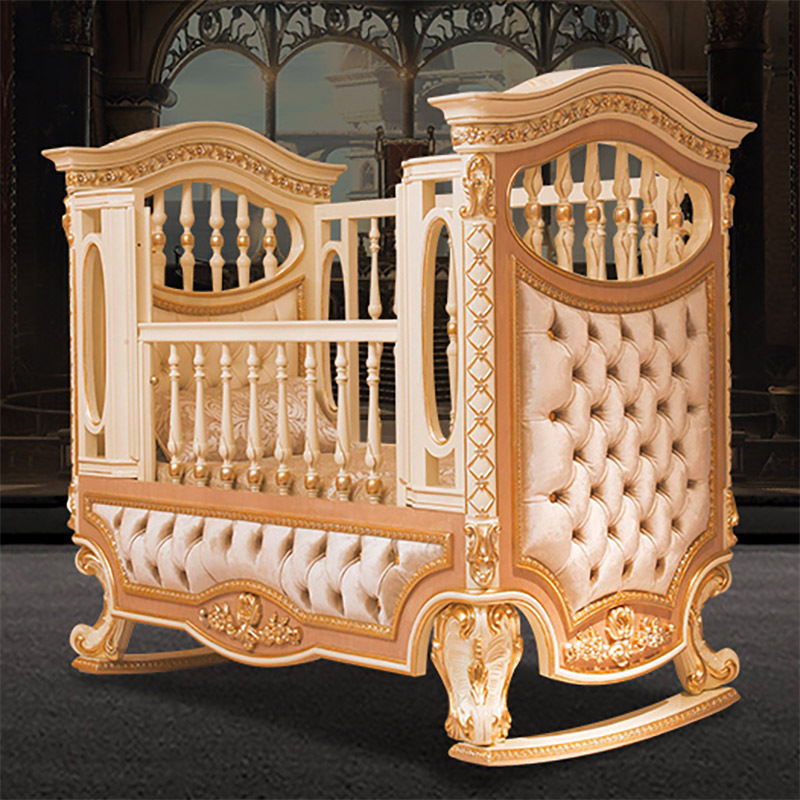 OEM European Golden Baby Cots Crib Bed Solid Wood Carving Baby Swing Bed Painting Baby Beds For New Born