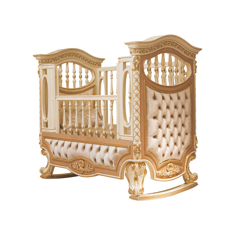 OEM European Golden Baby Cots Crib Bed Solid Wood Carving Baby Swing Bed Painting Baby Beds For New Born