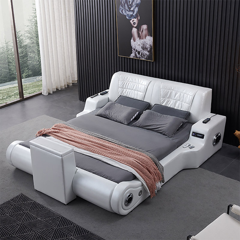 Modern White Multifunctional Double Bed Room Set Massage Full Bedroom Furniture Luxury King Size Bed With Storage Tv Function