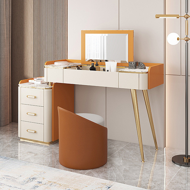 Modern Luxury Orange Foldable Dresser With Mirror And Stool Smart Makeup Vanity Nordic Dressing Table For Bedroom Furniture