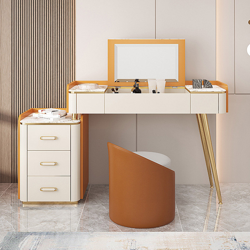 Modern Luxury Orange Foldable Dresser With Mirror And Stool Smart Makeup Vanity Nordic Dressing Table For Bedroom Furniture