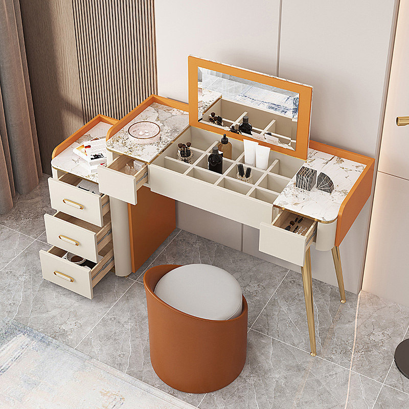 Modern Luxury Orange Foldable Dresser With Mirror And Stool Smart Makeup Vanity Nordic Dressing Table For Bedroom Furniture