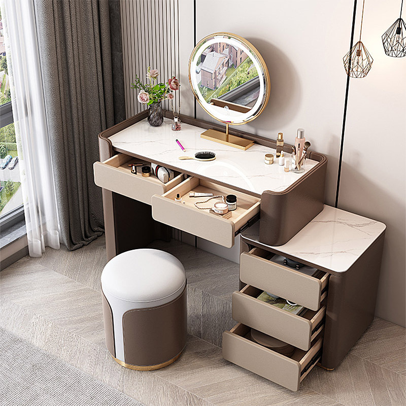 Nordic Luxury Makeup Vanity With Light Mirror And Chair Modern Solid Wood Dresser Furniture Simple Bedroom Dressing Table