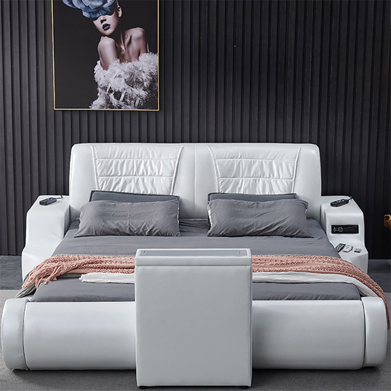 Modern White Multifunctional Double Bed Room Set Massage Full Bedroom Furniture Luxury King Size Bed With Storage Tv Function