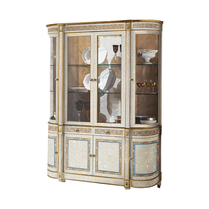 OEM European Oak Wooden Curio Round Sideboard Luxus Brown Wine Showcase Closet Display Colorful Painting Cabinet For Dining Room