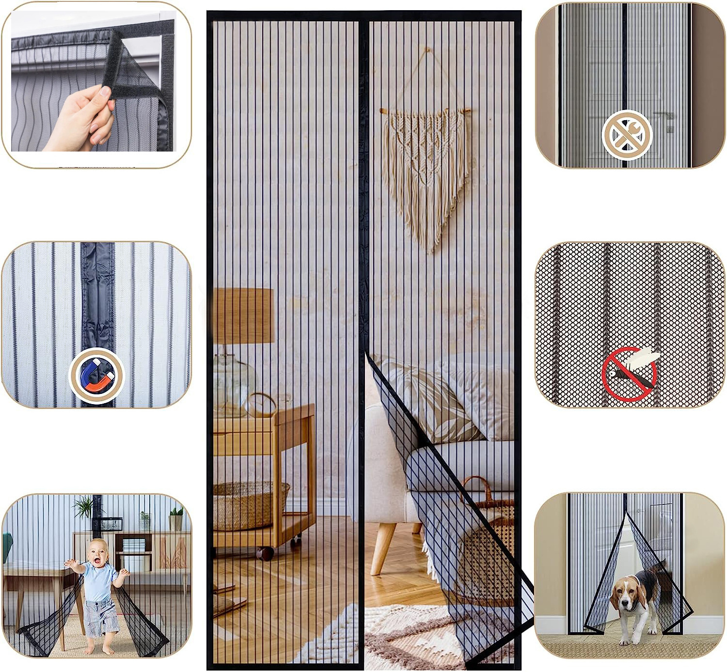 High Quality 38*83 Self Sealing Magnetic Mosquito Fly Screen Door Curtain Black