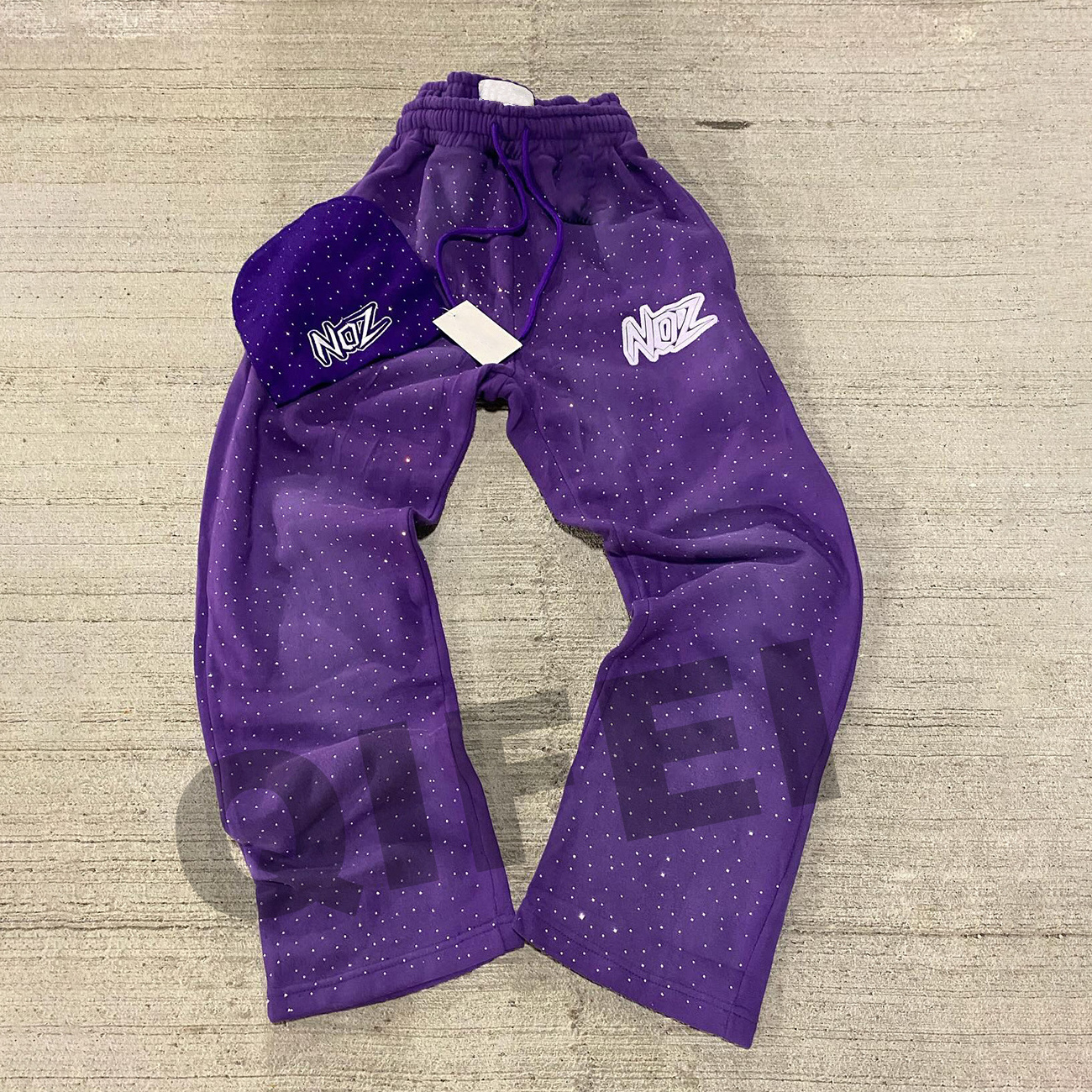 Custom manufacturer streetwear wholesale straight leg baggy trousser track pants double waisted rhinestone sweatpants