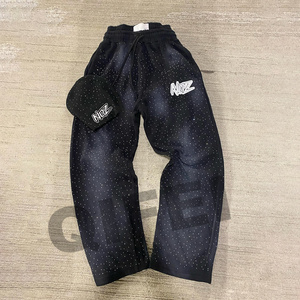 Custom manufacturer streetwear wholesale straight leg baggy trousser track pants double waisted rhinestone sweatpants