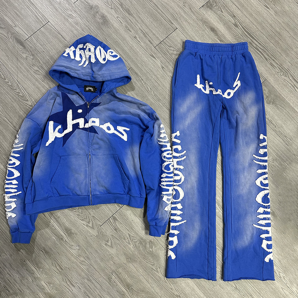 Custom acid washed vintage tracksuit men streetwear distressed patch cut and sew patchwork hoodie and sweatpants set sweatsuit