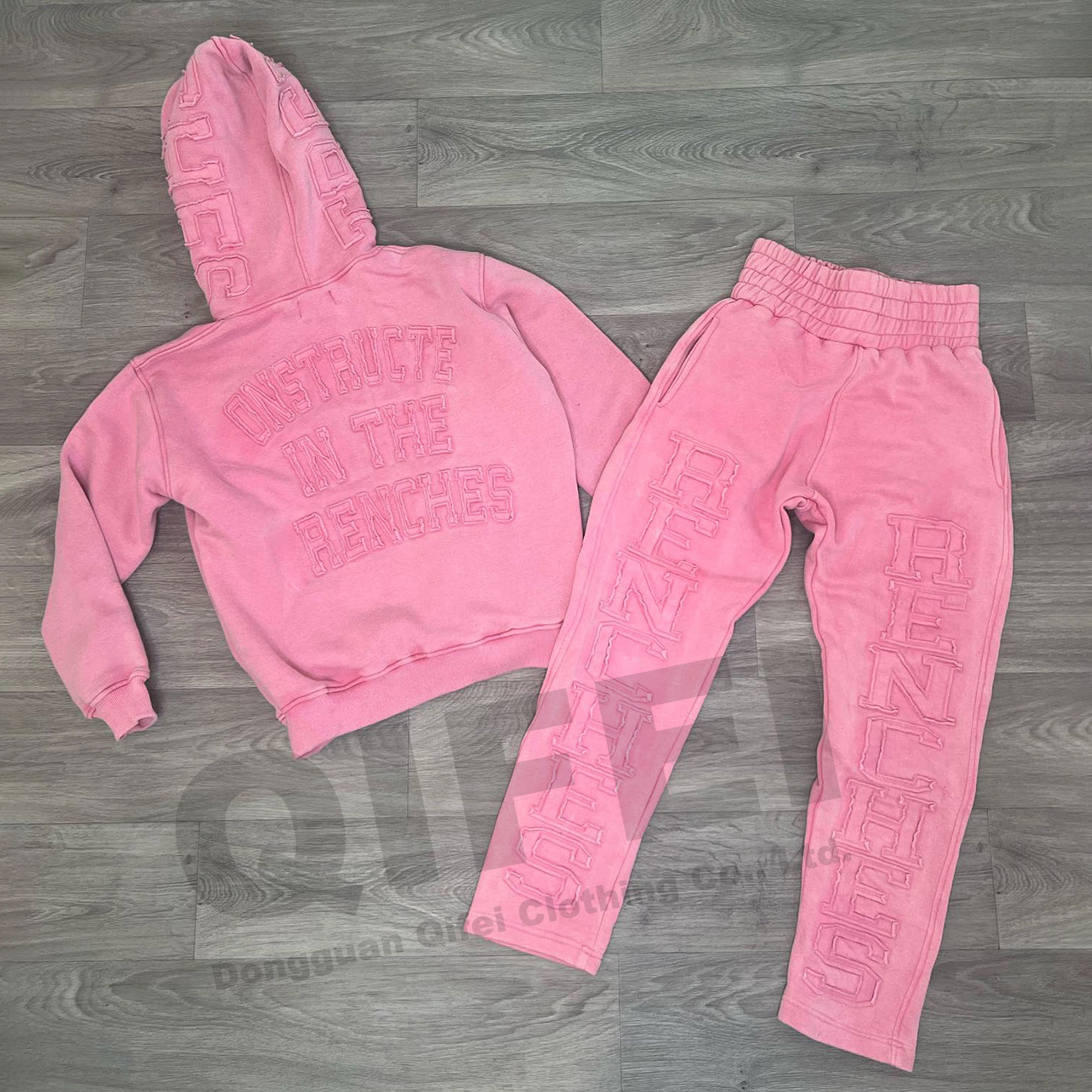 Custom men acid wash streetwear sweatsuit applique distressed embroidery patch cropped hoodie and sweatpants set women tracksuit