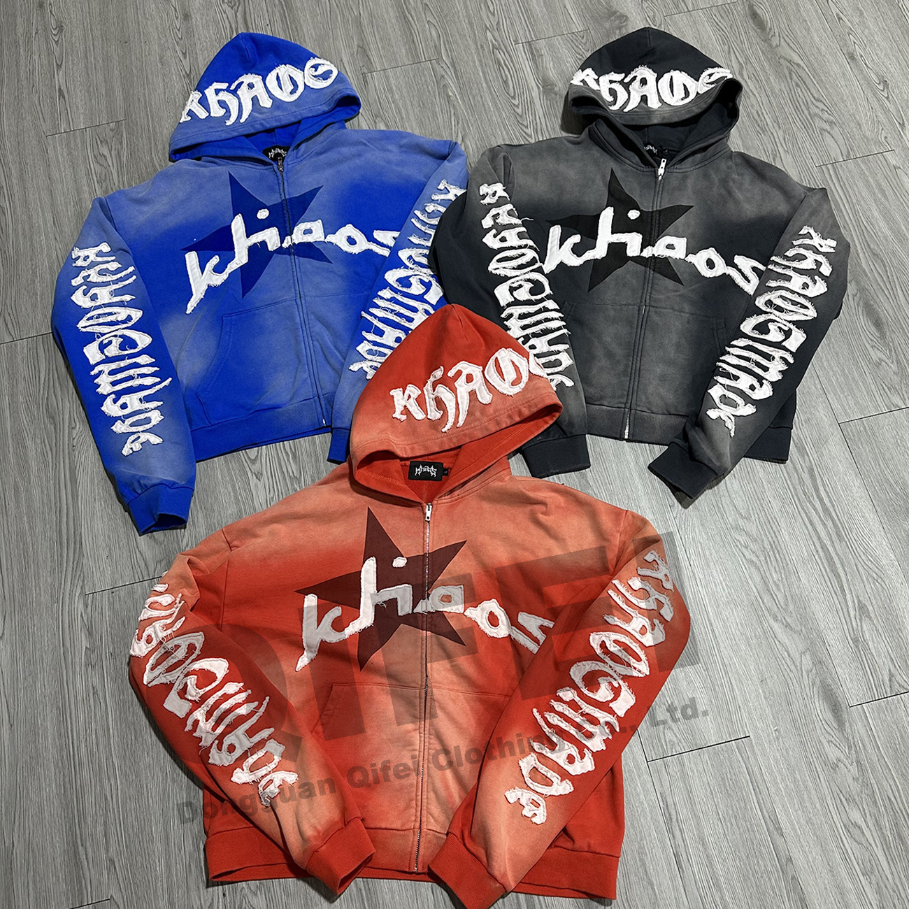 Custom acid washed vintage tracksuit men streetwear distressed patch cut and sew patchwork hoodie and sweatpants set sweatsuit