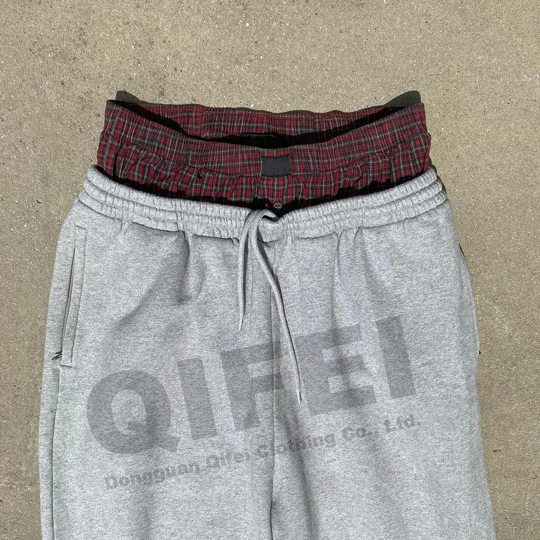 Custom straight baggy streetwear blanks french terry cotton double waistband sweatpants for men