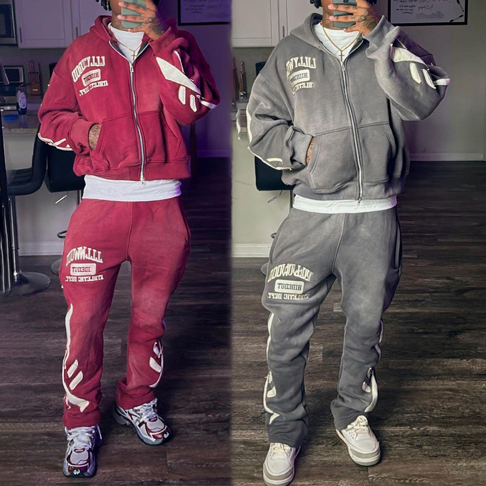 Custom acid washed vintage tracksuit men streetwear distressed patch cut and sew patchwork hoodie and sweatpants set sweatsuit