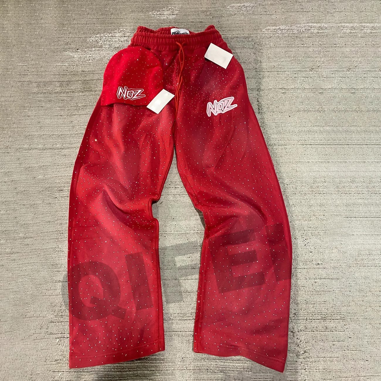 Custom manufacturer streetwear wholesale straight leg baggy trousser track pants double waisted rhinestone sweatpants