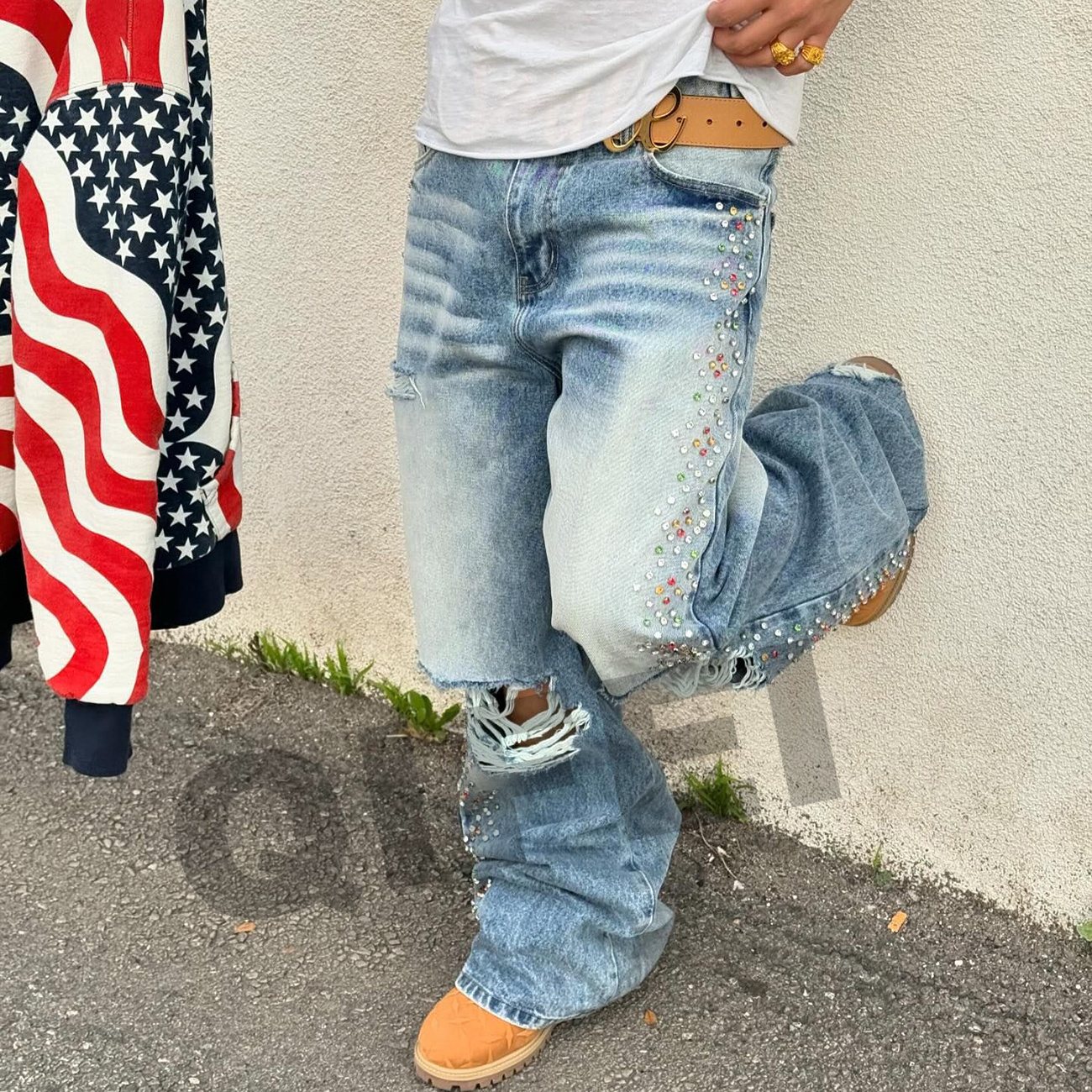 Custom manufacturers denim pants oversized baggy high quality rivet rhinestone men jeans