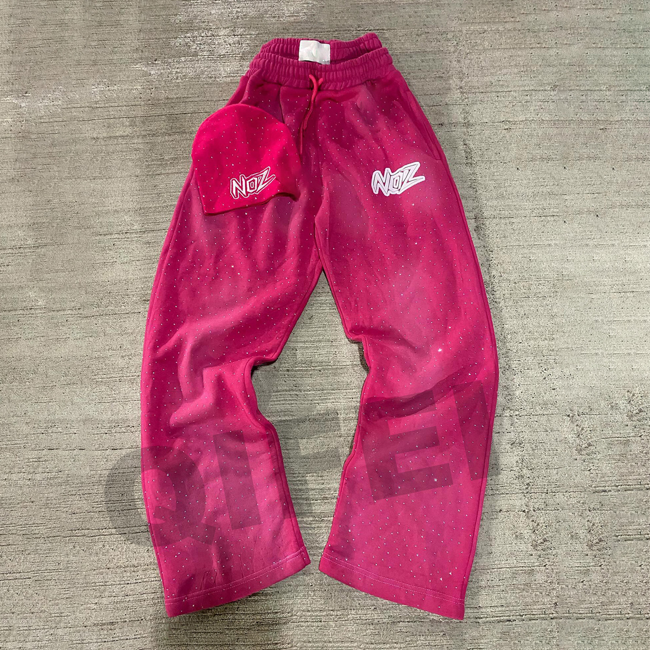 Custom manufacturer streetwear wholesale straight leg baggy trousser track pants double waisted rhinestone sweatpants