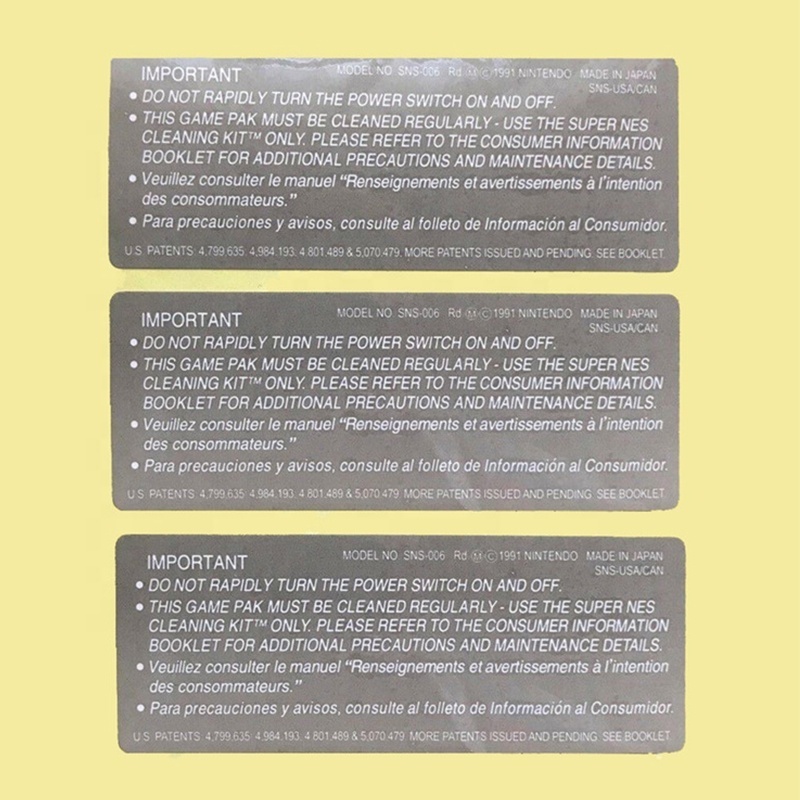 Label Seal For SNES Cartridges Game Card Black Housing Shell Back Sticker Label Paster Seals US Version