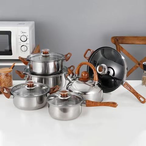 New Stock Arrival 12 Pcs Luxury Non Stick Stainless Steel Cookware Set Pots And Pans Cook Pot Set Cookware With Wooden Handle