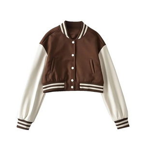 Custom High Quality Leather Sleeve Rib Bottom Wool Cloth Patch Embroidery Cropped Women's Varsity Jacket Letterman Jacket