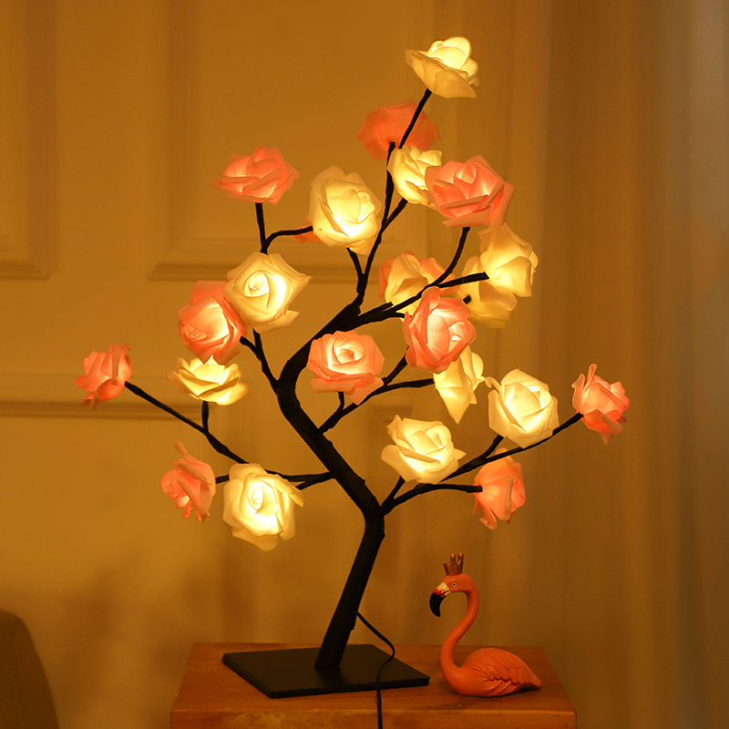 Led Rose Table Lamp Romantic Flower Night Light Wedding Bedroom Indoor Decoration Bonsai Tree Light