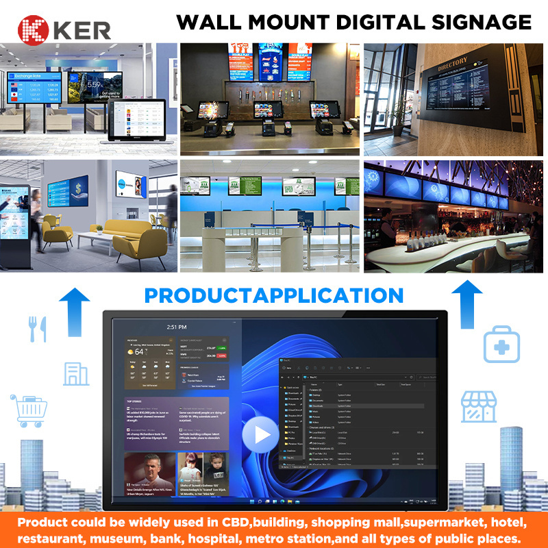 Wall mount black flat LCD screen android advertising players digital signage display for Hotel Restaurant elevator