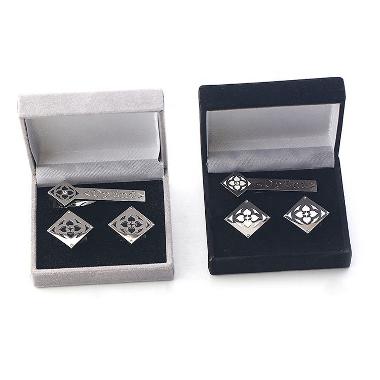 Personalized Supplier Custom Logo Metal Cuff Chain Buckle and Tie Clip Men's Suit Shirt Cufflinks With Box Packaging