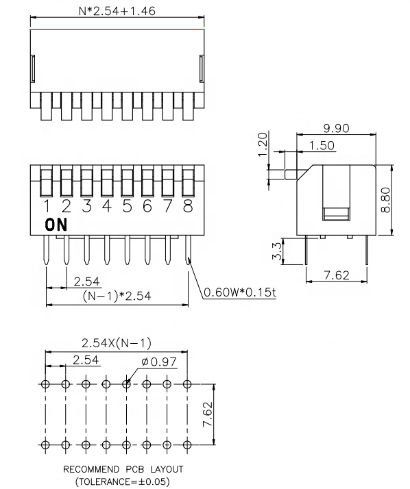 2.54mm pitch blue electrical power light connector piano switch