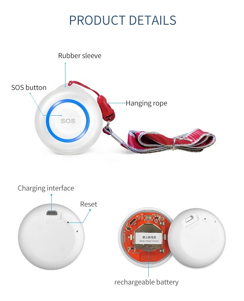 Kerui Tuya Personal Emergency button Smart Home alarm system Tuya App WiFi Bluetooth Waterproof Rechargeable battery