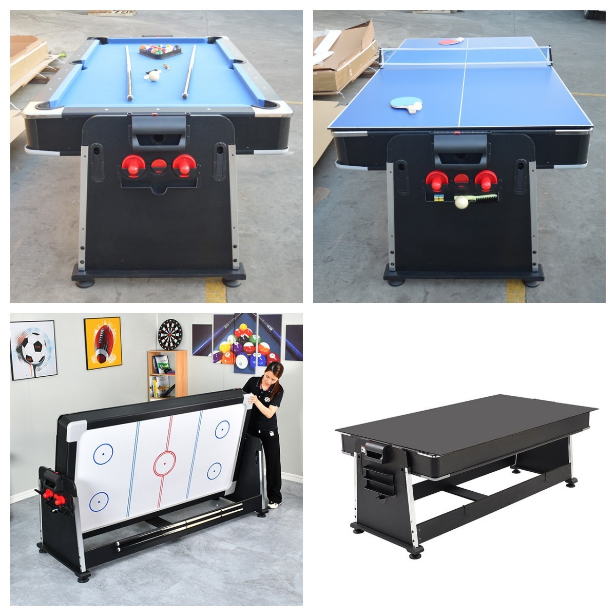 Factory Price  7ft  4 In 1 Multi function air hockey ping-pong functions game table snooker billiard pool table with dinning top