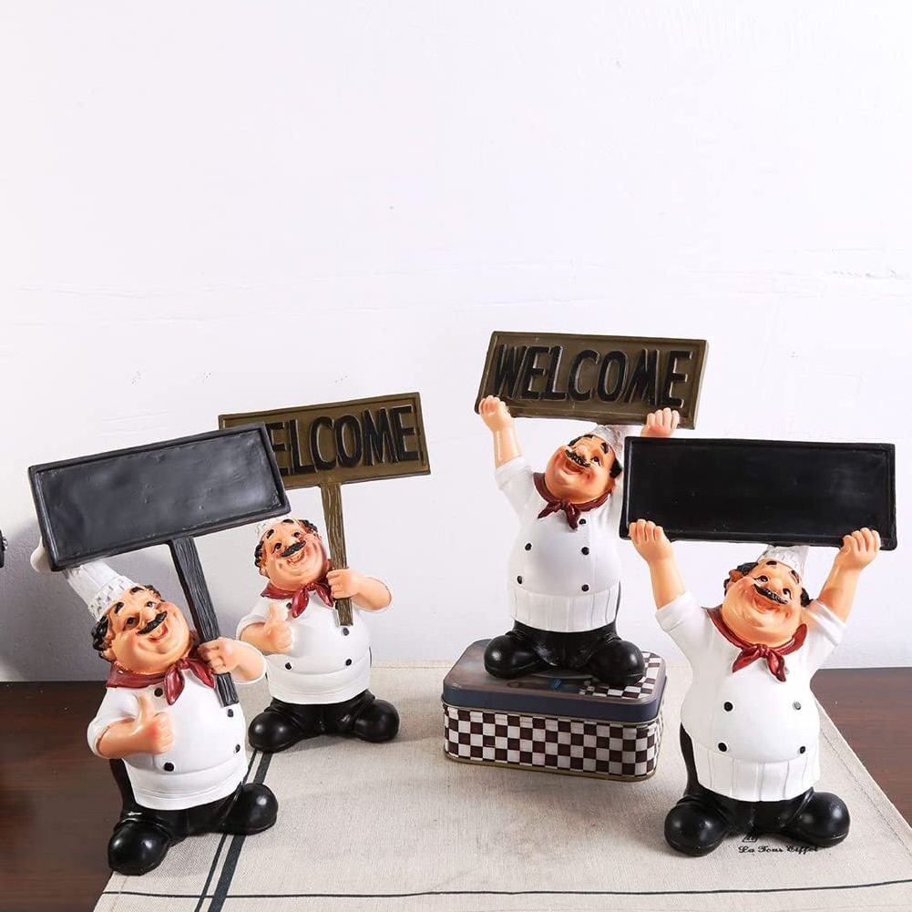 Wholesale Handmade Home Restaurant Kitchen Decor Ornament Resin Fat Chef Statue With Welcome Sign Board