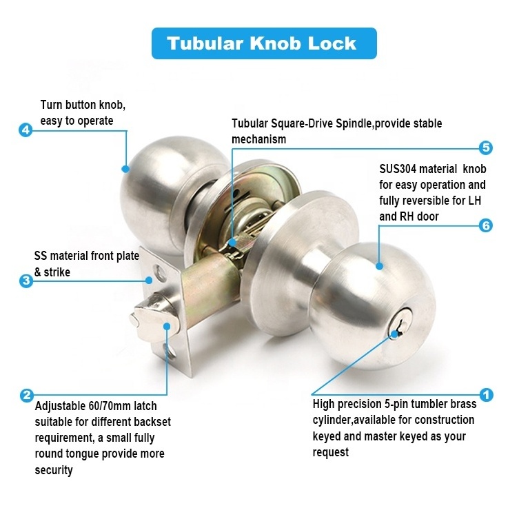 High Quality Security Grade 3 Ansi 304 Stainless Steel Shower Cheap Knob Tubular Ball Mortise Door Lock