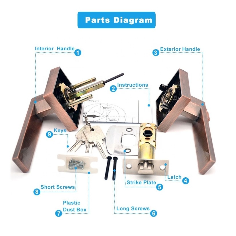 Manufacture Direct Security Privacy Heavy Duty Mortised Square Shaped Keys Interior Bathroom Bedroom Door Handle Lock