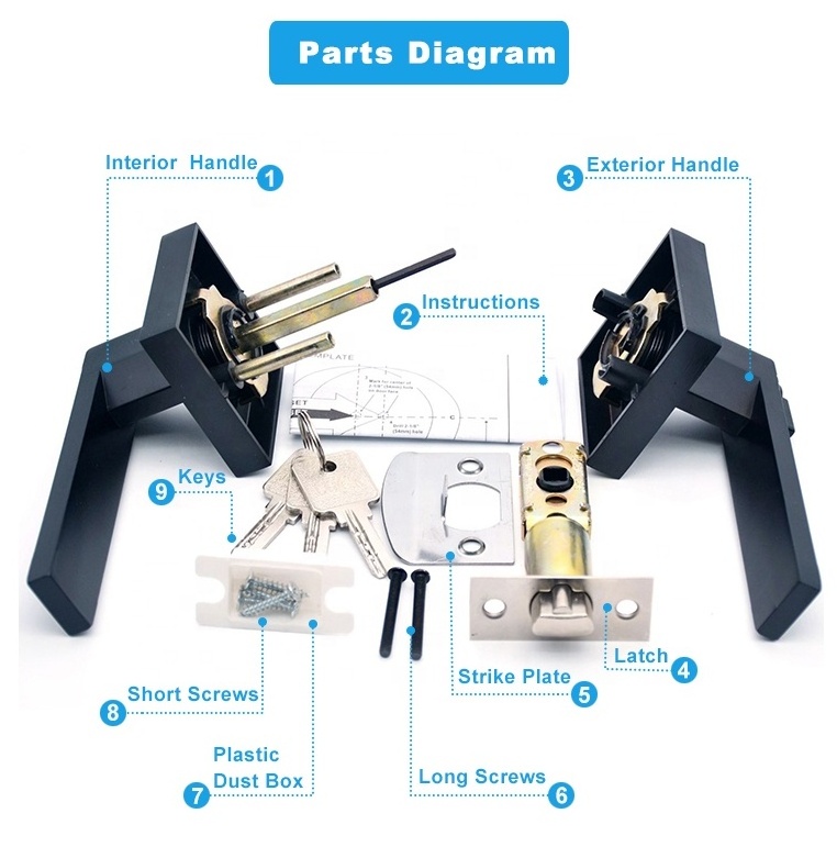 Modern Matt Black Zinc Alloy Tubular Keyed Entry Door Lever Handle Lock with Keys for bathroom/bedroom/passage/dummy Door Lock