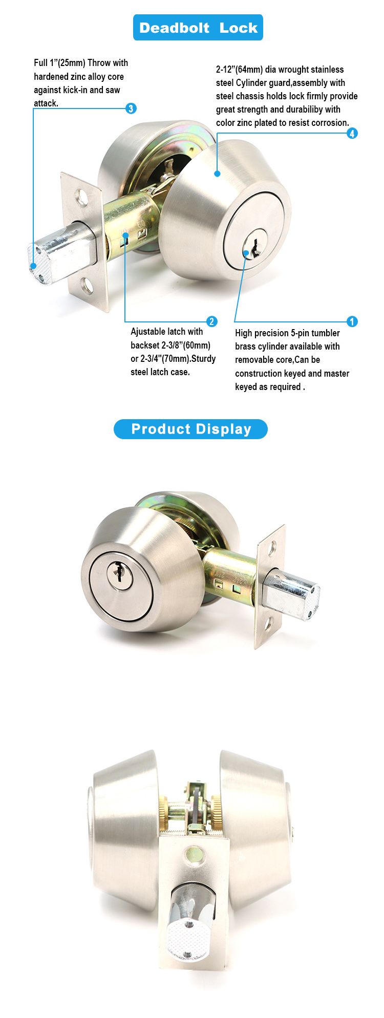 Top Quality Satin Nickel Door Knob House Interior Door Round Combo Locks Keyed Entry Tubular Door Knobset Deadbolt Lock