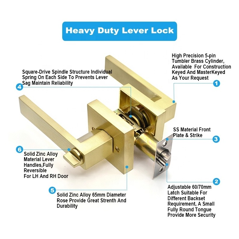 Door Lock Handle Set Polished Gold Square 3 Lever Lock Zinc Alloy heavy Duty Tubular Lever Lock