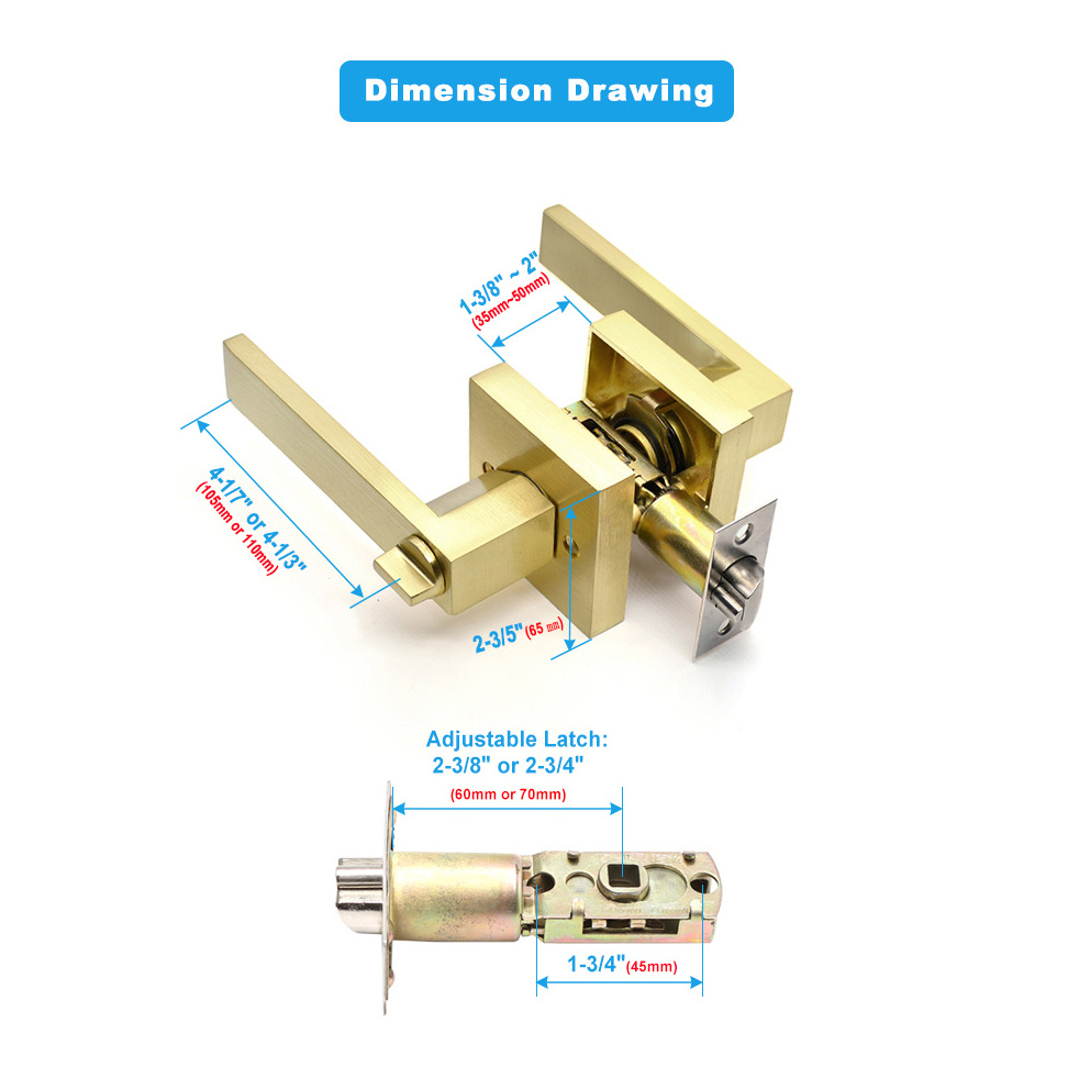 Door Lock Handle Set Polished Gold Square 3 Lever Lock Zinc Alloy heavy Duty Tubular Lever Lock