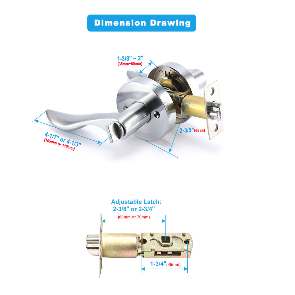 Satin Nickel Square Door Levers Key Entry Heavy Duty Lever Lock For Bedroom And Bathroom Zinc Alloy Made Leverset