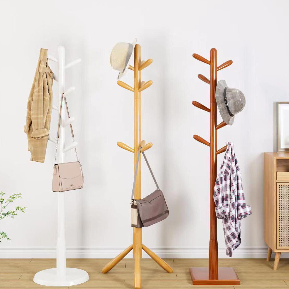 Factory Price Portable Standing Clothes Hanger Home Garment Hat Hanging Rack Stand For Living Room Wooden Coat Racks