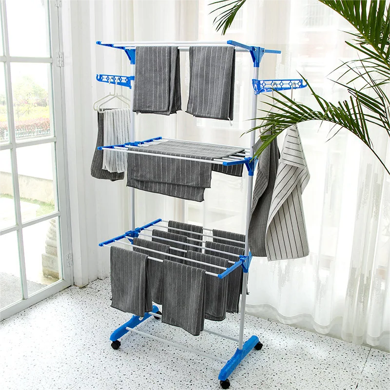 Promotional 3-Tier Folding Laundry Rack Mobile Steel Metal Clothes Hanger for Displaying Coats Bags Clothes with Clip Style