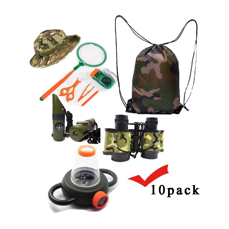 Outdoor Adventure Kit Kids Explorer Binoculars Flashlight Whistle Magnifying Glass Bug Catcher Kit