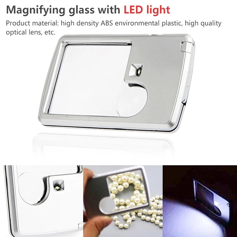 Mini Ultra-thin Credit Card Type Magnifier  Lens Portable Square Magnifier with LED Light Leather Case for Reading