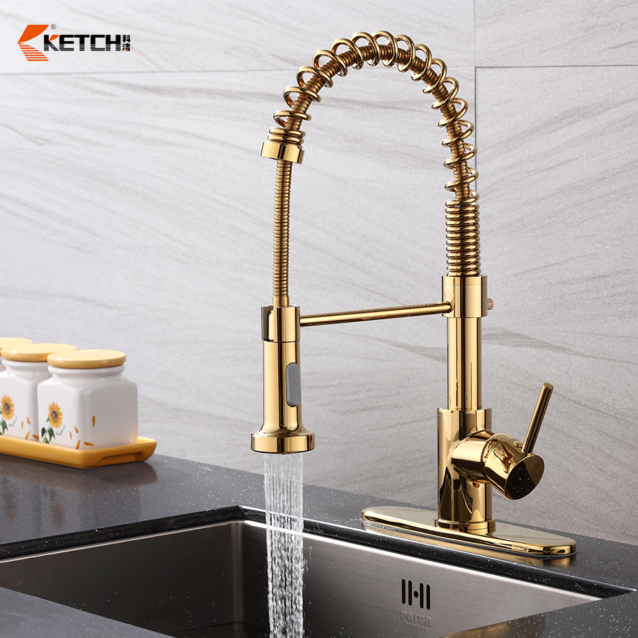 Spring Kitchen Faucets Golden Hot And Cold Water Spring Mixer Tap Pull Out Bridge Contemporary Kitchen Faucet