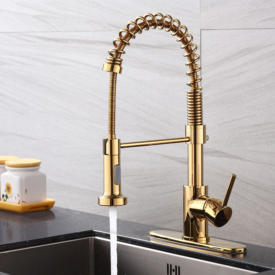 Spring Kitchen Faucets Golden Hot And Cold Water Spring Mixer Tap Pull Out Bridge Contemporary Kitchen Faucet