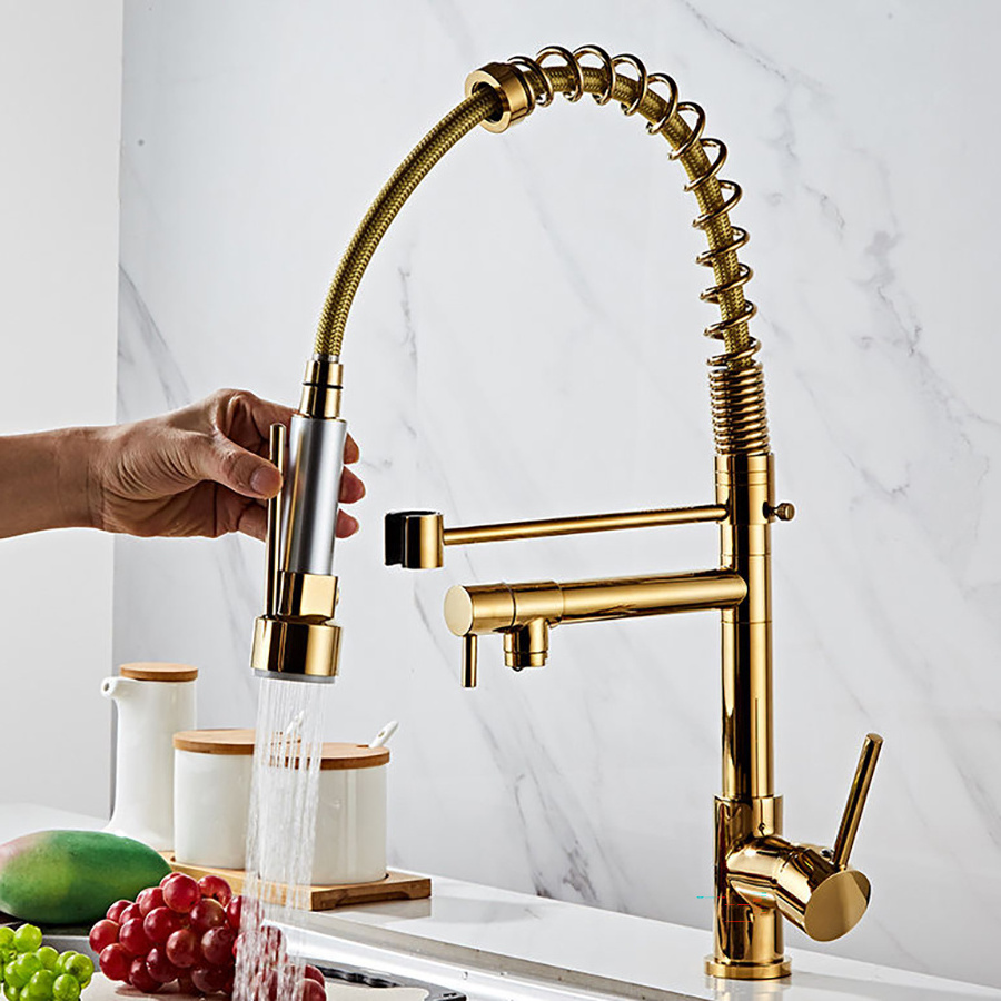 Multi-functional Deck Mounted Tap Gold Silver Pull Out Stainless Steel Kitchen Faucets