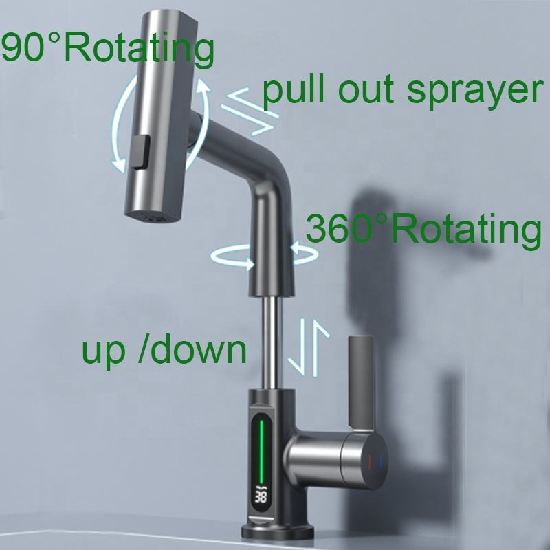 Temperature Digital Display Rain Waterfall Bathroom Basin Faucet Lift Up Down Stream Sprayer Hot Cold Water Sink Mixer Wash Tap