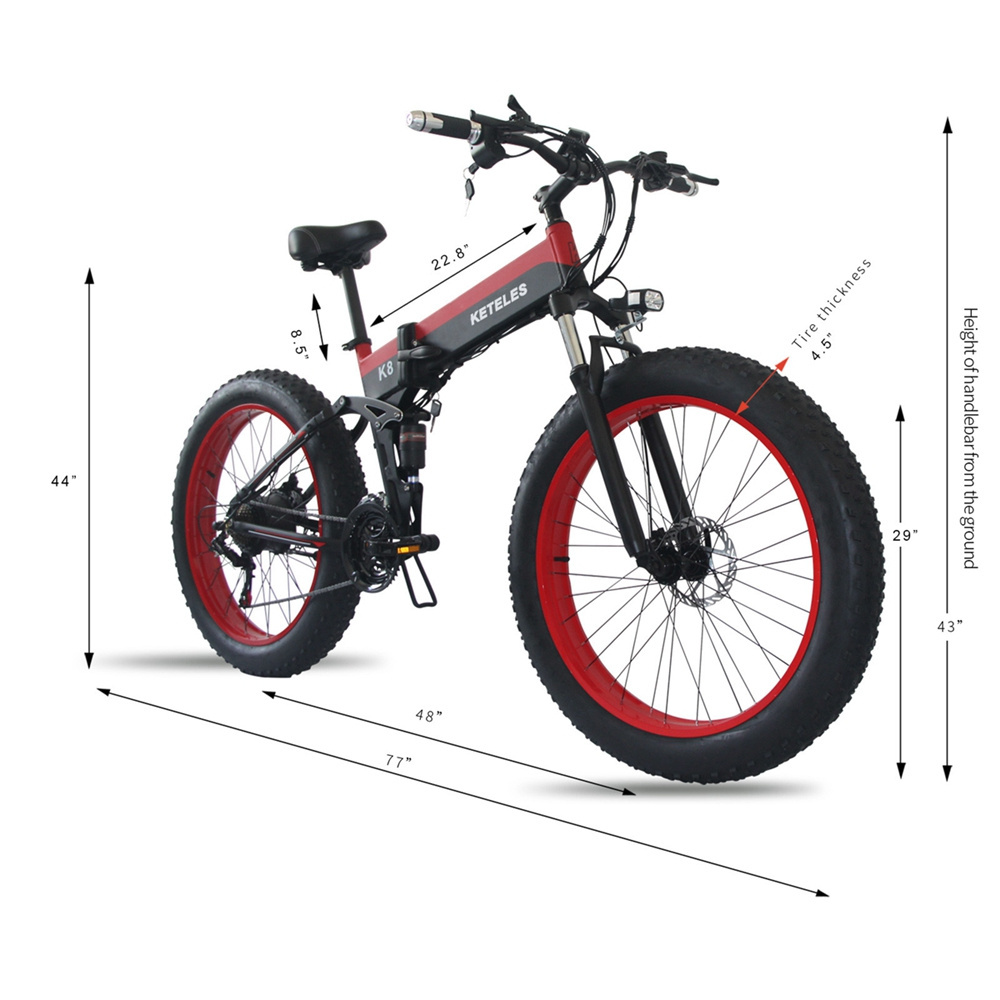 26 inch 1000W Motor 14.5ah KETELES Beach Cruiser K8 Folding Electric Bicycle Fat Tire Electric Bike Off Road Mountain E bike